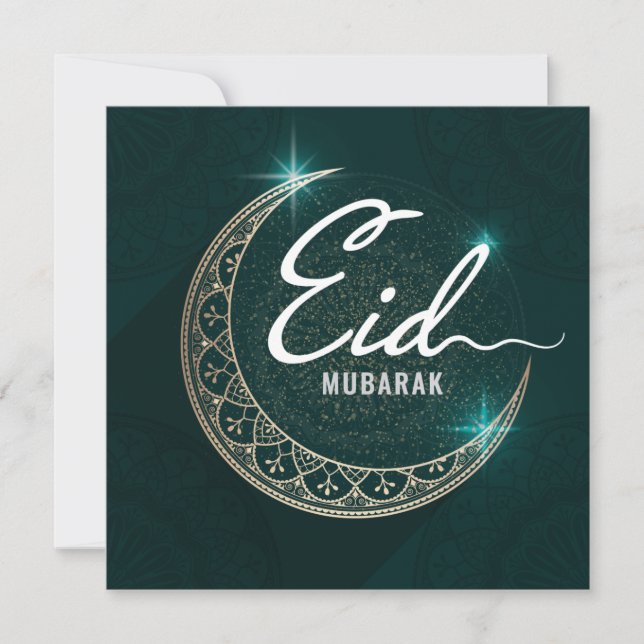 Happy Eid Mubarak Shinning Crescent White Green Holiday Card (Front)