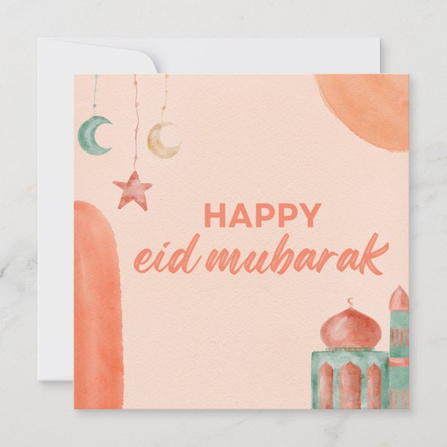 Happy Eid Mubarak Watercolor Mosque Holiday Card (Front)