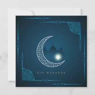 Happy Eid White Crescent Star Mosque Blue Holiday Card