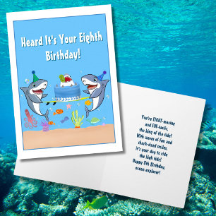 Happy Eighth Birthday Sharks with Cake card