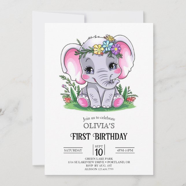 Happy Elephant 1st Birthday Digital Invitation (Front)
