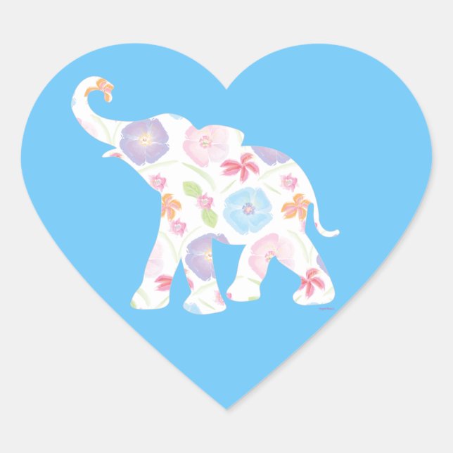 Happy Elephant Art Pattern Flower Cute Unique Blue Heart Sticker (Front)