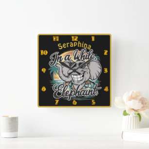 Happy elephant at the sunny beach square wall clock