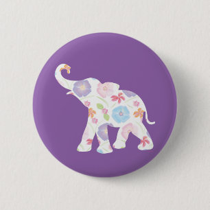 Happy Elephant-Big-Flower Pattern Modern 2 Inch Round Button