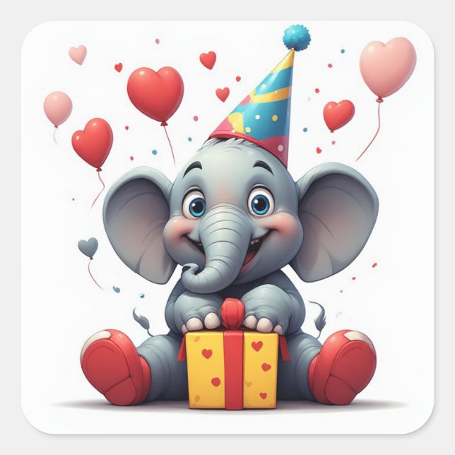 Happy Elephant Birthday With Balloons 🐘 Square Sticker (Front)