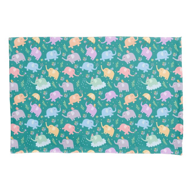Happy Elephant Garden Party w Umbrellas Flowers Pillowcase (Front)