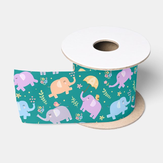 Happy Elephant Garden Party w Umbrellas Flowers Satin Ribbon (Spool)