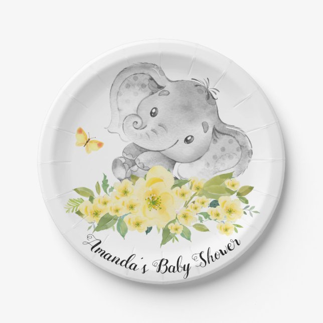 Happy Elephant Neutral Baby Shower 7" Plate (Front)