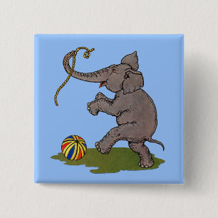 happy elephant playing with rope and ball 2 inch square button
