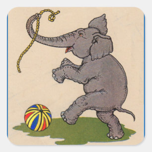 happy elephant playing with rope and ball square sticker