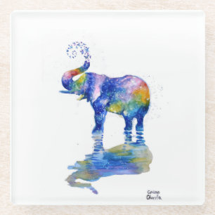 Happy elephant watercolor painting glass coaster