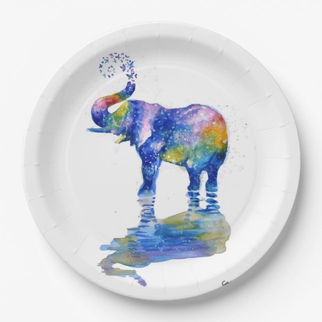 Happy elephant watercolor painting paper plate (Front)