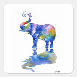 Happy elephant watercolor painting square sticker