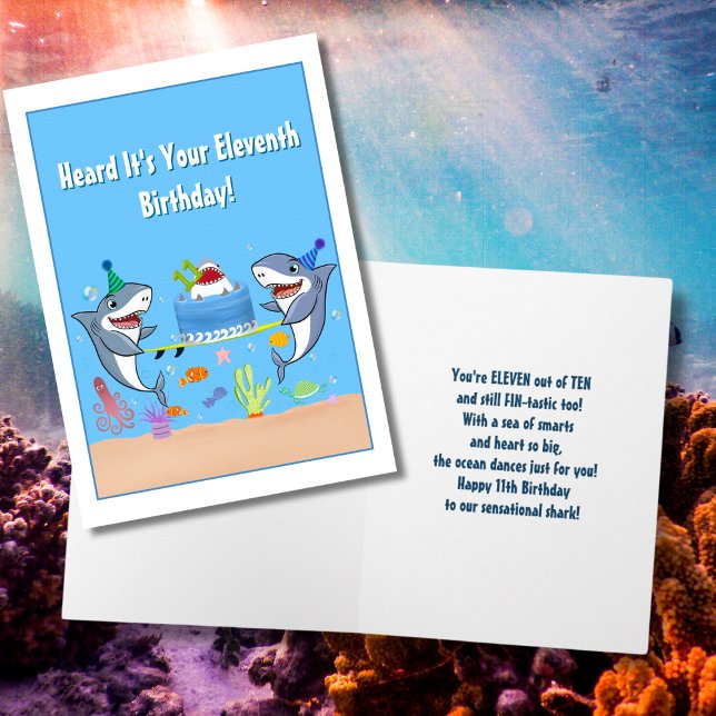 Happy Eleventh Birthday Sharks with Cake card (Creator Uploaded)
