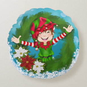 Happy Elf Festive Blue Holiday Round Pillow