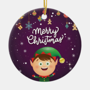 Happy Elf, Purple Merry Christmas Ceramic Ornament