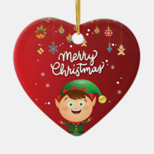 Happy Elf Red Merry Christmas Ceramic Ornament