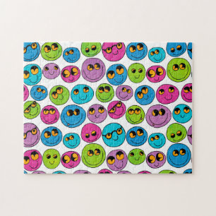 Happy Emoji Faces Pattern Blue Purple Green Pink Jigsaw Puzzle