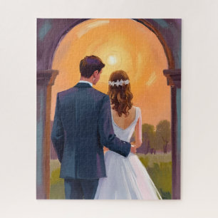 Happy Ever After Bride & Groom Watercolor Wedding Jigsaw Puzzle