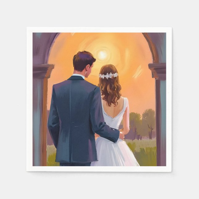 Happy Ever After Bride & Groom Watercolor Wedding Napkin (Front)