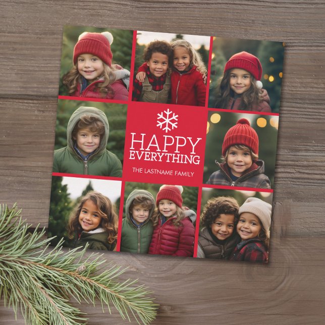 Happy Everything 8 Photo Collage Holiday Card (Modern Christmas Card with a photo collage and modern snowflake.)