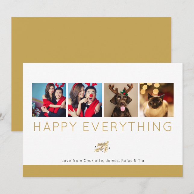 Happy Everything Holiday Four Photo Gold Foliage Invitation (Front/Back)