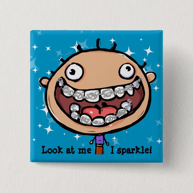 Happy face. Braces. Orthodontist. Customizable 2 Inch Square Button (Front)