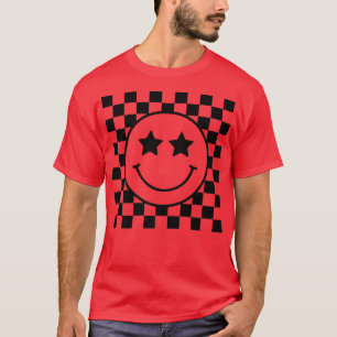 Happy Face Chequered  Smile Face Black Colourful T T-Shirt