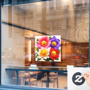 Happy face, colourful flowers business window de cling