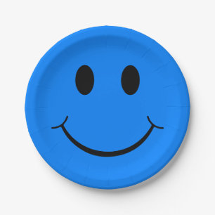 Happy Face Graphic   Neon Blue Paper Plate