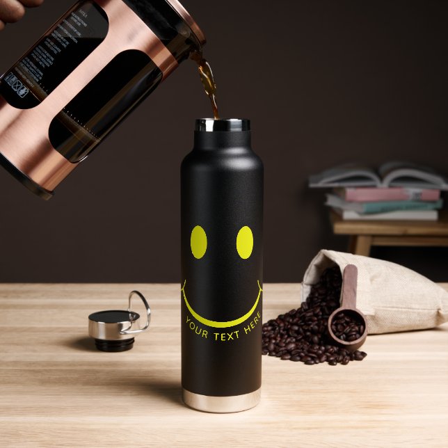 Happy Face Graphic Personalize Black Water Bottle (Coffee)