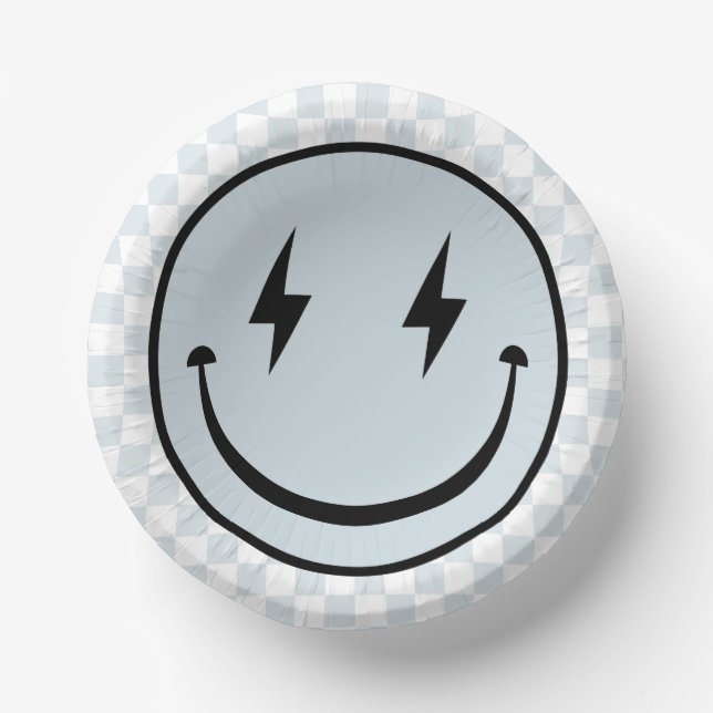 Happy Face Groovy Blue Boy Birthday Paper Plate (Front)