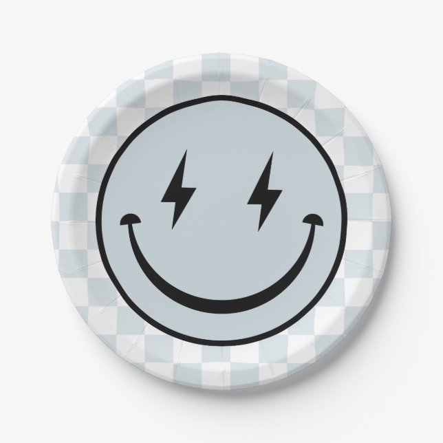Happy Face Groovy Blue Boy Birthday Paper Plate (Front)