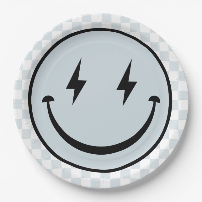 Happy Face Groovy Blue Boy Birthday Paper Plate (Front)