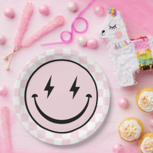 Happy Face Groovy Pink Girl Birthday Paper Plate