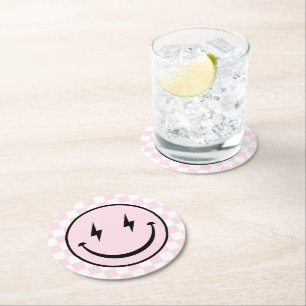Happy Face Groovy Pink Girl Birthday  Round Paper Coaster