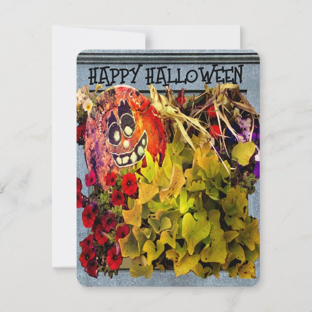 HAPPY FACE HALLOWEEN PUMPKIN FLORAL DISPLAY  HOLIDAY CARD (Front)