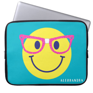 Happy Face Nerd Teal & Pink Personalized Laptop Sleeve