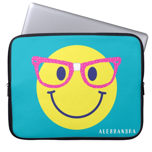 Happy Face Nerd Teal & Pink Personalized Laptop Sleeve (Front)