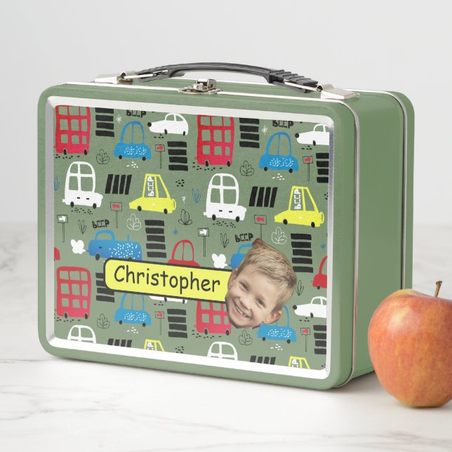 Happy Face Photo/Name Kids Cars boxMetal Lunchbox (In Situ)