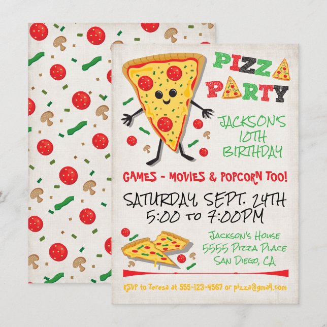 Happy Face Pizza Anniversaire Fête Invitation (Devant / Derrière)
