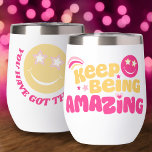 Happy face Preppy slogan keep being amazing<br><div class="desc">Graphic preppy teen style pink and yellow smilie face keep being amazing slogan thermal tumbler. Personalize with your own name and message,  currently reads Keep being amazing. You have got this Millie. © Original graphic art and design by www.mylittleeden.com</div>