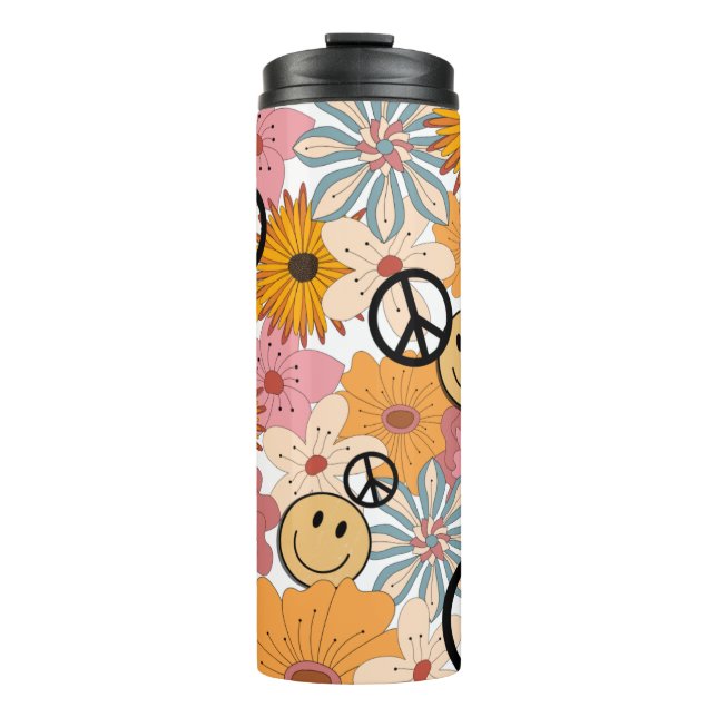 Happy Face, Retro Floral & Peace Thermal Tumbler (Front)