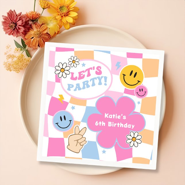 Happy Face Smile Groovy Chequered Birthday Napkin (Creator Uploaded)