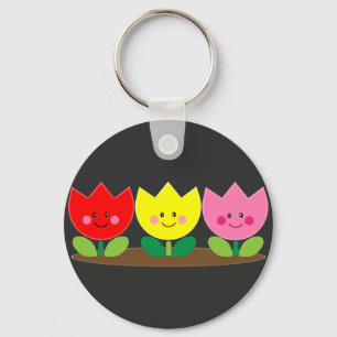 Happy Face Tulip Flowers Garden art Keychain