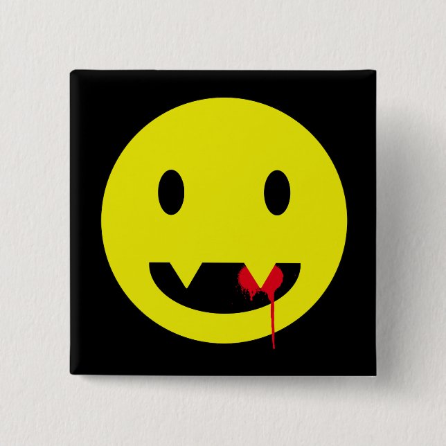 Happy Face with Fangs and Blood Tshirts 2 Inch Square Button (Front)