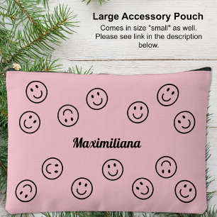 Happy Faces Black on Pink - LARGE Accessory Pouch