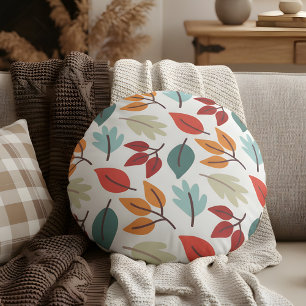 Happy Fall Autumn colourful leaves pattern Round Pillow