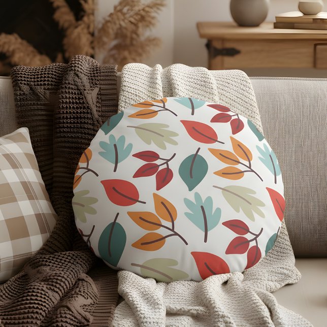 Happy Fall Autumn colourful leaves pattern Round Pillow (fall leaves pattern round pillow)