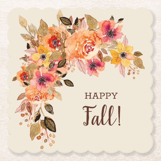 Happy Fall Autumn Flower Blooms Scalloped Paper Coaster (Front)